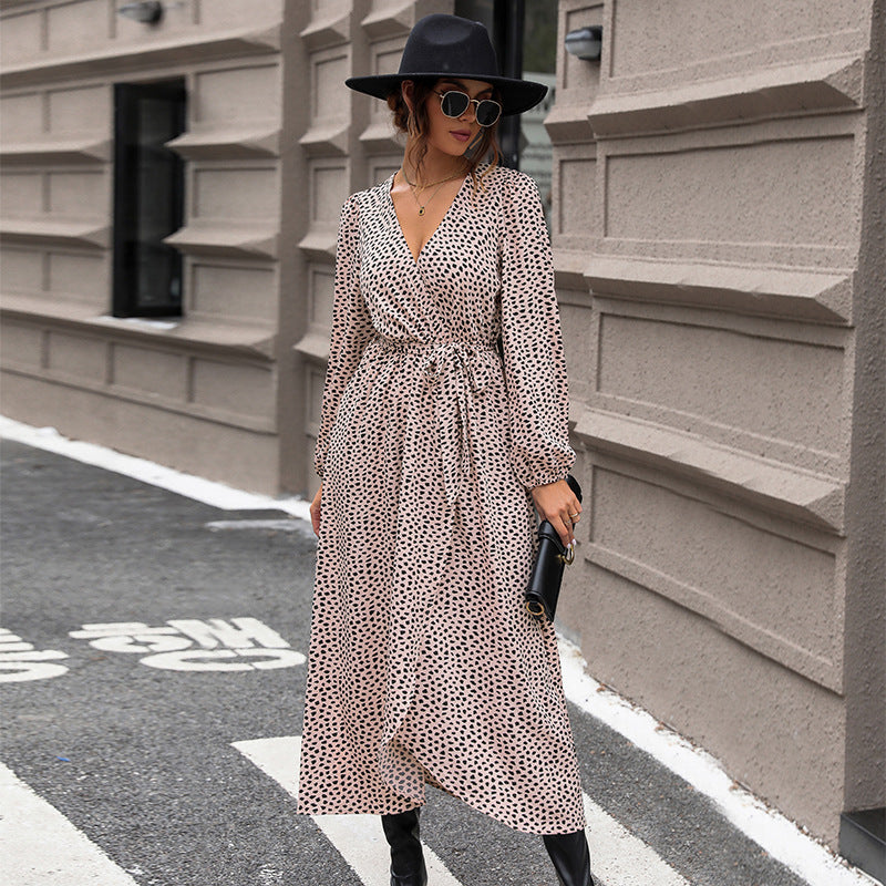 Leopard Print Wrap Midi Dress with V-Neck and Tie Waist