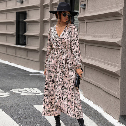 Leopard Print Wrap Midi Dress with V-Neck and Tie Waist
