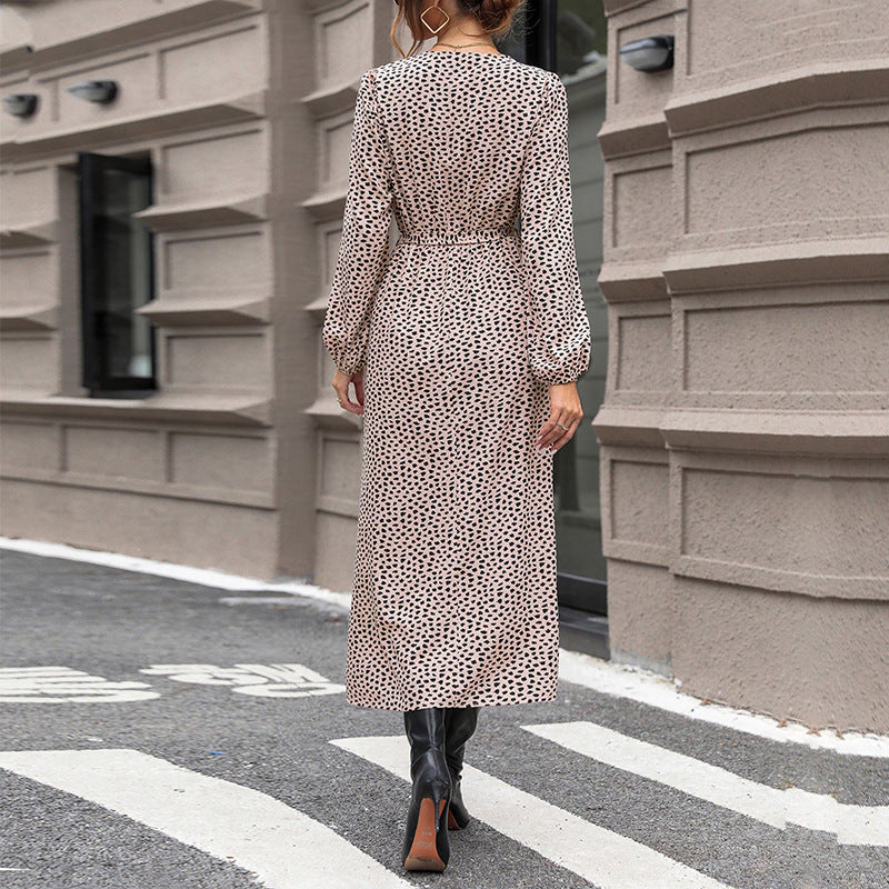 Leopard Print Wrap Midi Dress with V-Neck and Tie Waist