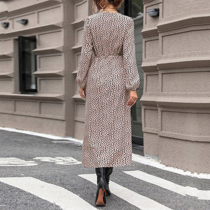 Leopard Print Wrap Midi Dress with V-Neck and Tie Waist