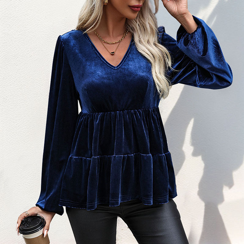 Velvet Blouse with V-Neck and Tiered Ruffle Hem