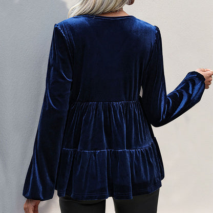 Velvet Blouse with V-Neck and Tiered Ruffle Hem