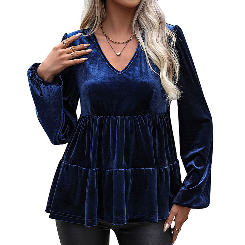 Velvet Blouse with V-Neck and Tiered Ruffle Hem