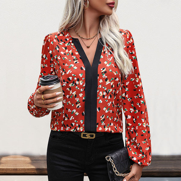 Abstract Print Blouse with Long Sleeves and Contrast V-Neck