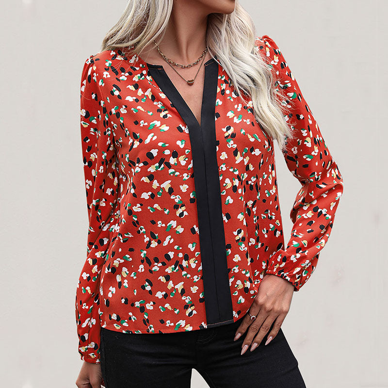 Abstract Print Blouse with Long Sleeves and Contrast V-Neck