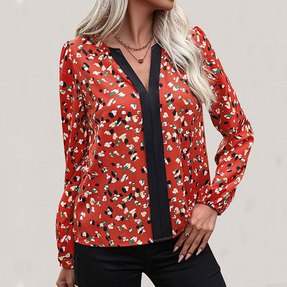 Abstract Print Blouse with Long Sleeves and Contrast V-Neck