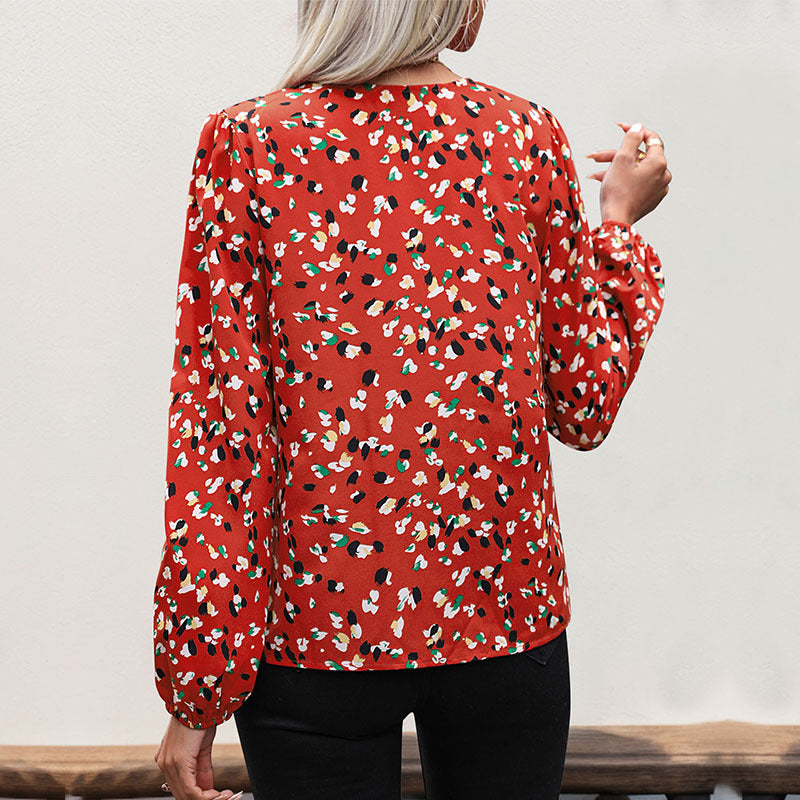 Abstract Print Blouse with Long Sleeves and Contrast V-Neck