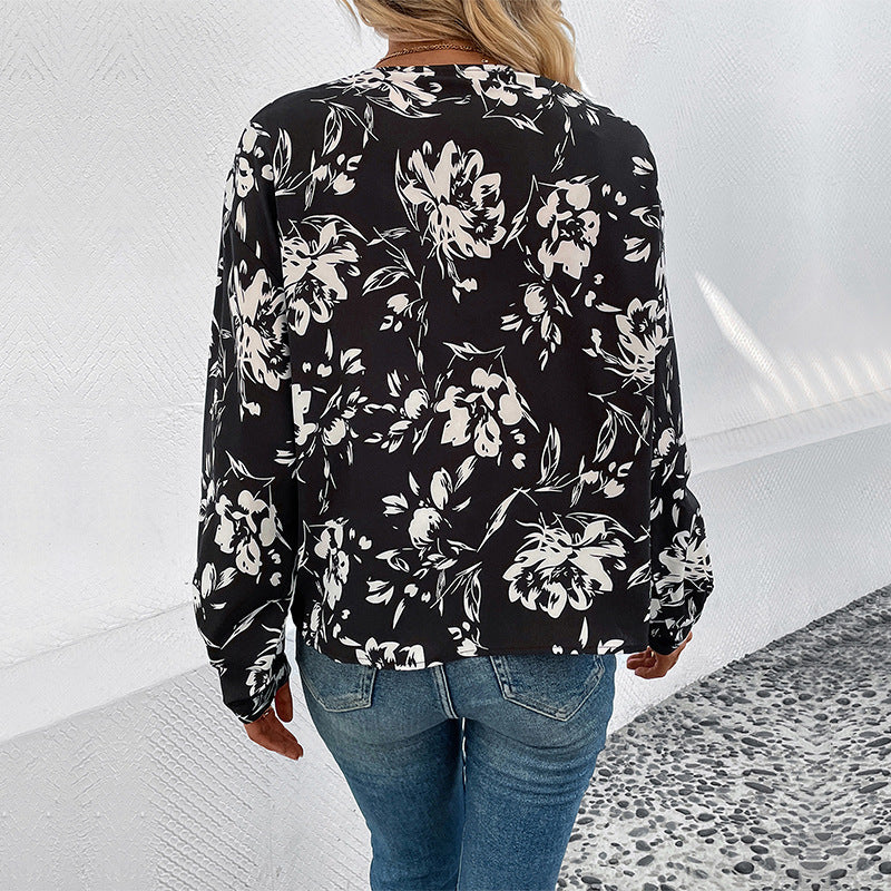 Black Floral Print Pullover Shirt with V-Neck