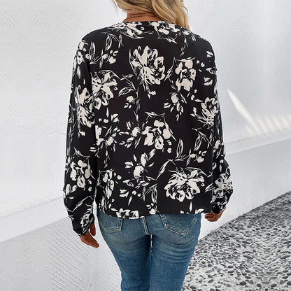 Black Floral Print Pullover Shirt with V-Neck