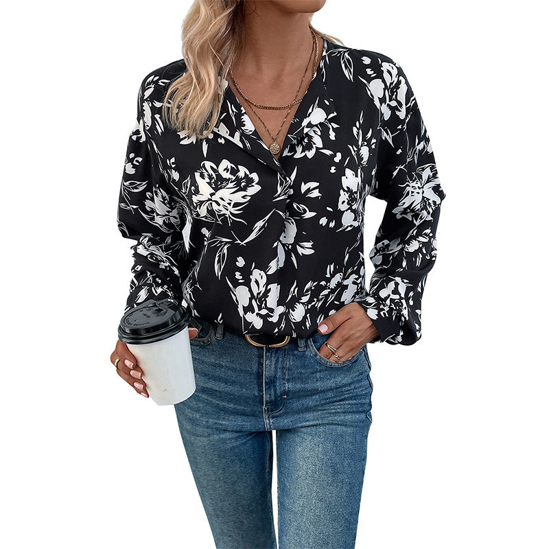 Black Floral Print Pullover Shirt with V-Neck