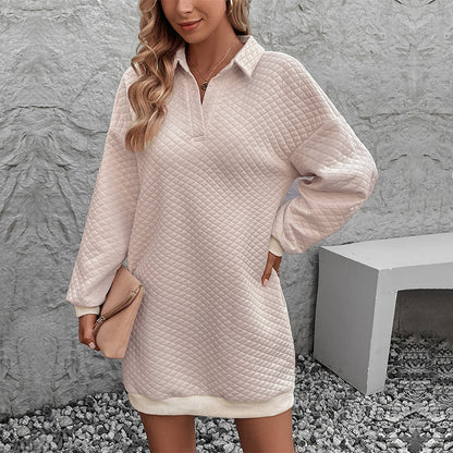 Quilted Sweatshirt Dress with Lapel Collar and Pockets