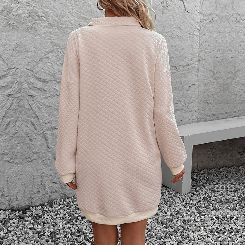 Quilted Sweatshirt Dress with Lapel Collar and Pockets