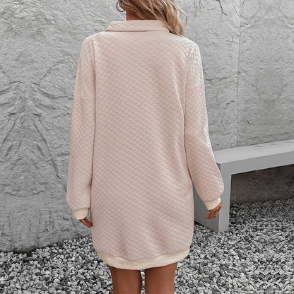 Quilted Sweatshirt Dress with Lapel Collar and Pockets