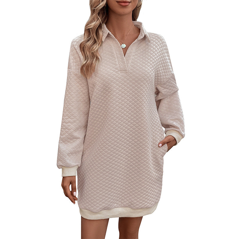 Quilted Sweatshirt Dress with Lapel Collar and Pockets