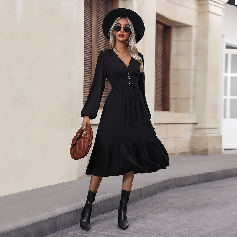 Solid A-Line Midi Dress with V-Neck and Lantern Sleeves