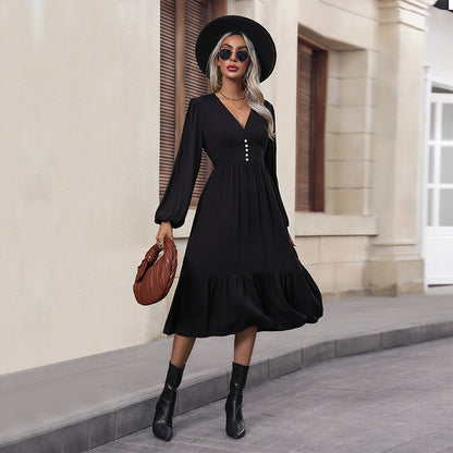 Solid A-Line Midi Dress with V-Neck and Lantern Sleeves