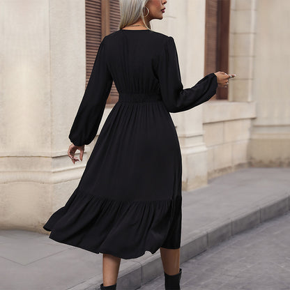 Solid A-Line Midi Dress with V-Neck and Lantern Sleeves