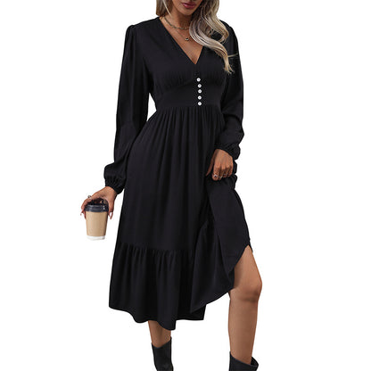 Solid A-Line Midi Dress with V-Neck and Lantern Sleeves