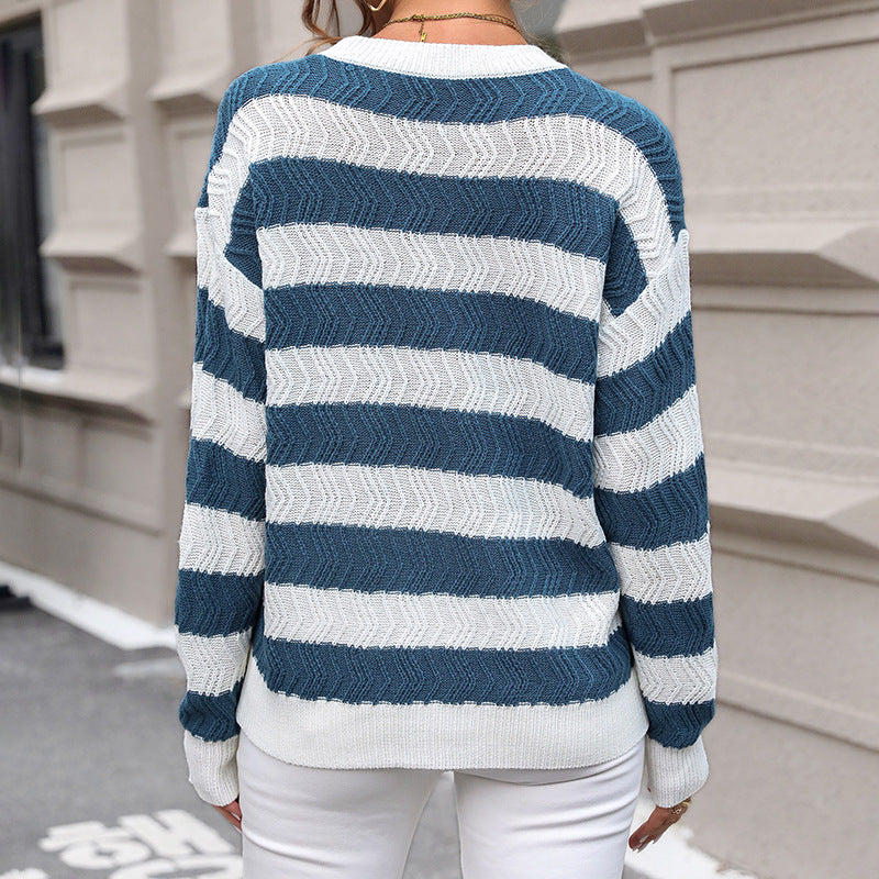 Color-Block Striped Knit Pullover Sweater