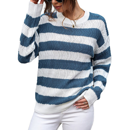 Color-Block Striped Knit Pullover Sweater