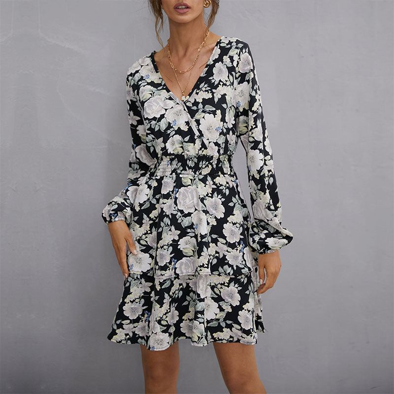 Floral Print Mini Dress with V-Neck and Smocked Waist