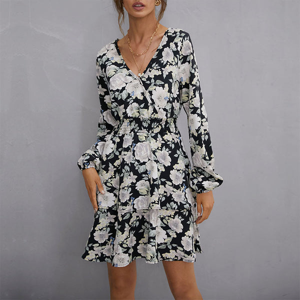 Floral Print Mini Dress with V-Neck and Smocked Waist