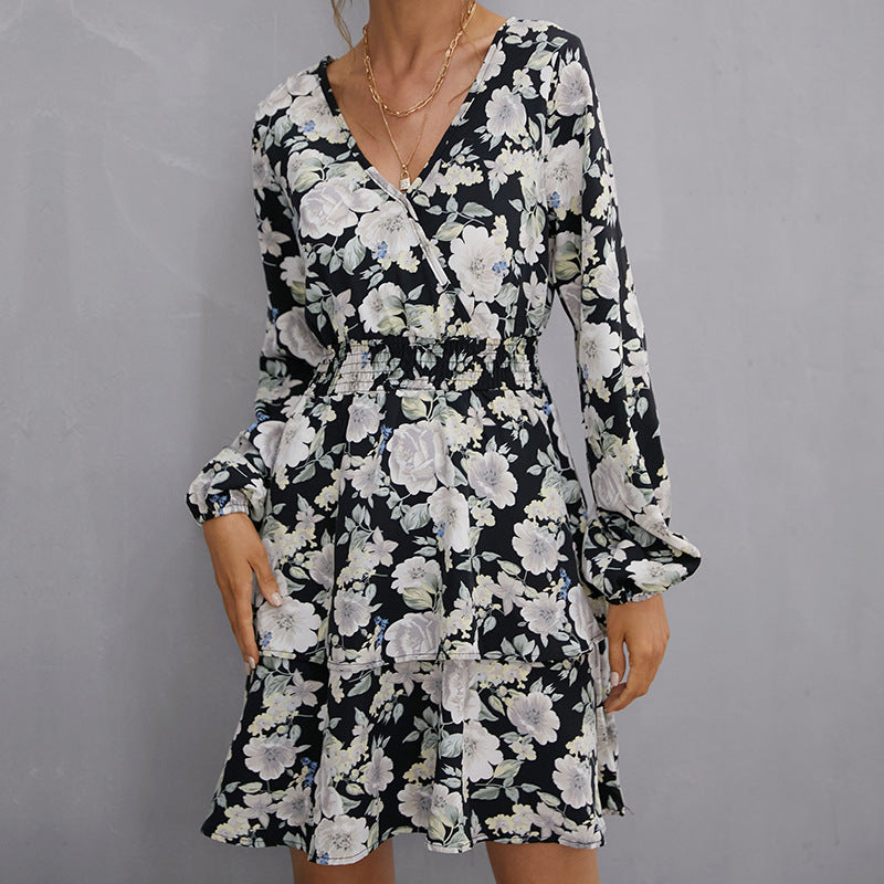 Floral Print Mini Dress with V-Neck and Smocked Waist