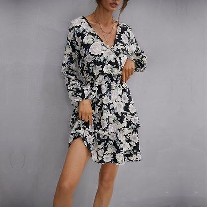Floral Print Mini Dress with V-Neck and Smocked Waist