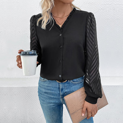 Solid Blouse with Ruffled V-Neck and Patterned Sleeves