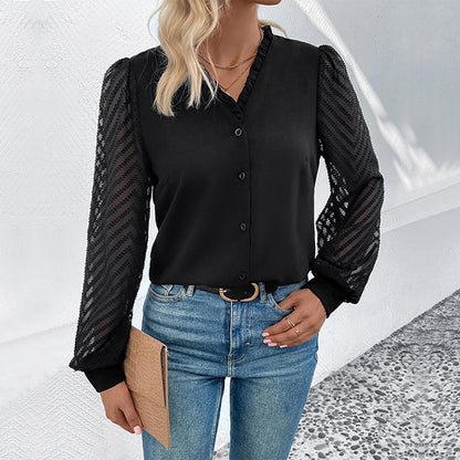 Solid Blouse with Ruffled V-Neck and Patterned Sleeves