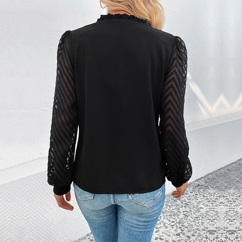 Solid Blouse with Ruffled V-Neck and Patterned Sleeves