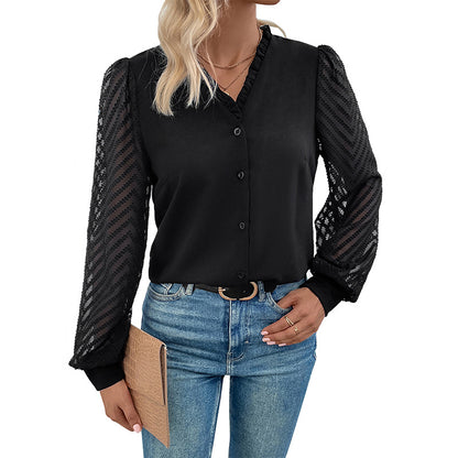 Solid Blouse with Ruffled V-Neck and Patterned Sleeves