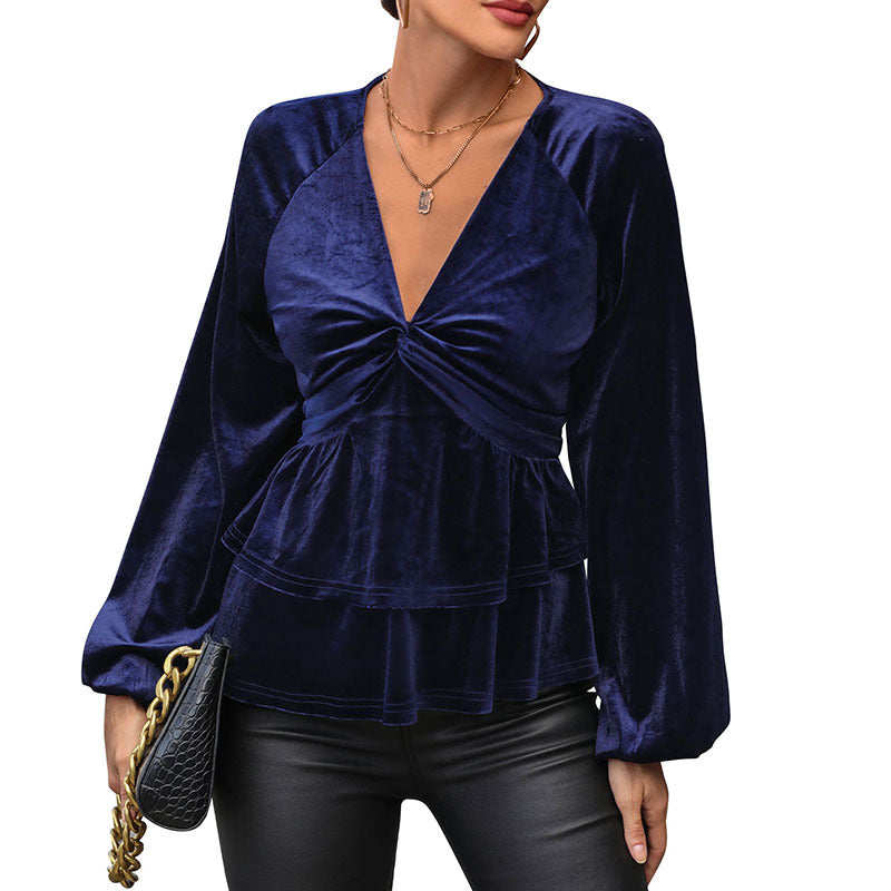 Velvet Long Sleeve Top with V-Neck, Twisted Front, and Tiered Peplum