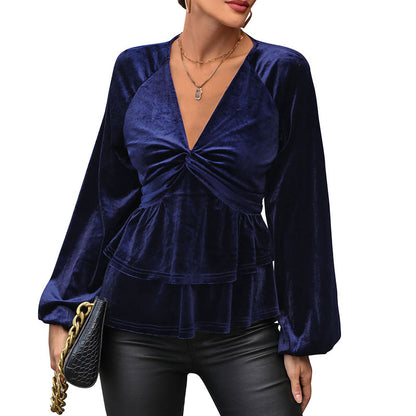 Velvet Long Sleeve Top with V-Neck, Twisted Front, and Tiered Peplum