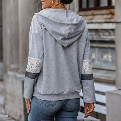 Pullover Hooded Sweatshirt with V-Neck and Lace Trim