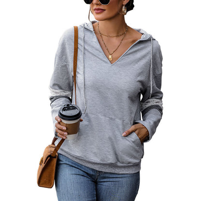 Pullover Hooded Sweatshirt with V-Neck and Lace Trim