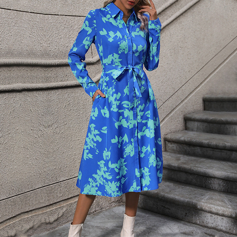 Floral Print Midi Shirt Dress with Tie-Waist