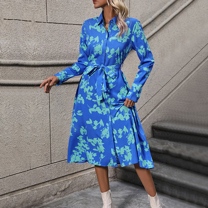 Floral Print Midi Shirt Dress with Tie-Waist