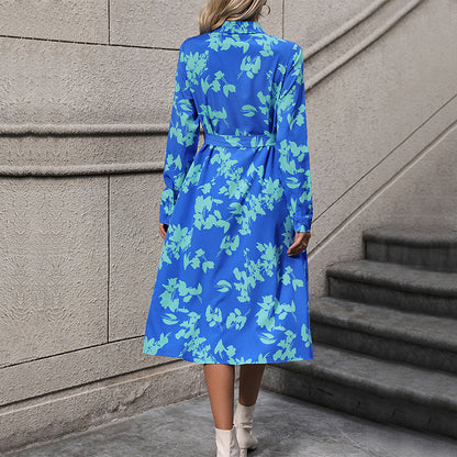 Floral Print Midi Shirt Dress with Tie-Waist