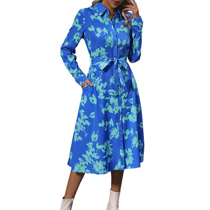 Floral Print Midi Shirt Dress with Tie-Waist