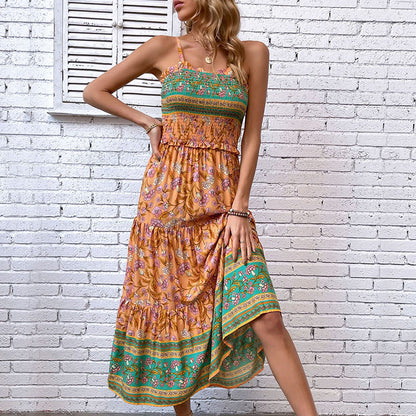Floral Print Midi Dress with Smocked Bodice and Ruffle Trim