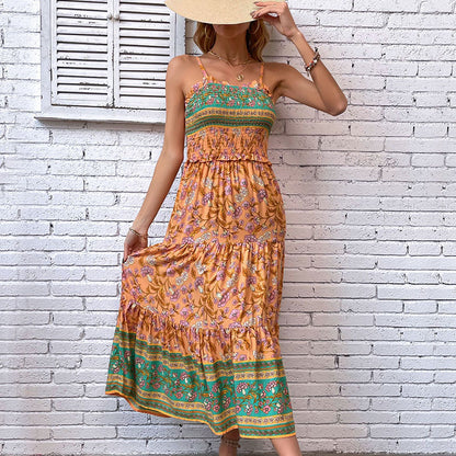 Floral Print Midi Dress with Smocked Bodice and Ruffle Trim