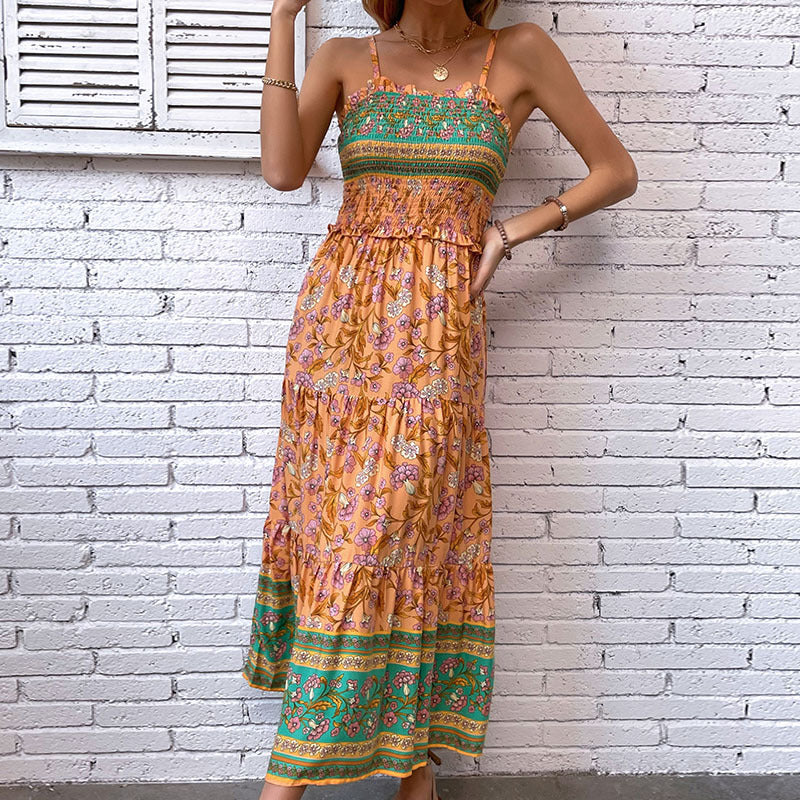 Floral Print Midi Dress with Smocked Bodice and Ruffle Trim