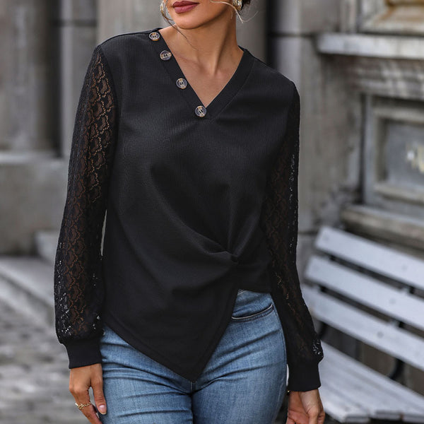 Knit Top with Lace Sleeves, V-Neck, and Twist Hem