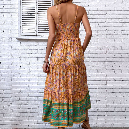 Floral Print Midi Dress with Smocked Bodice and Ruffle Trim