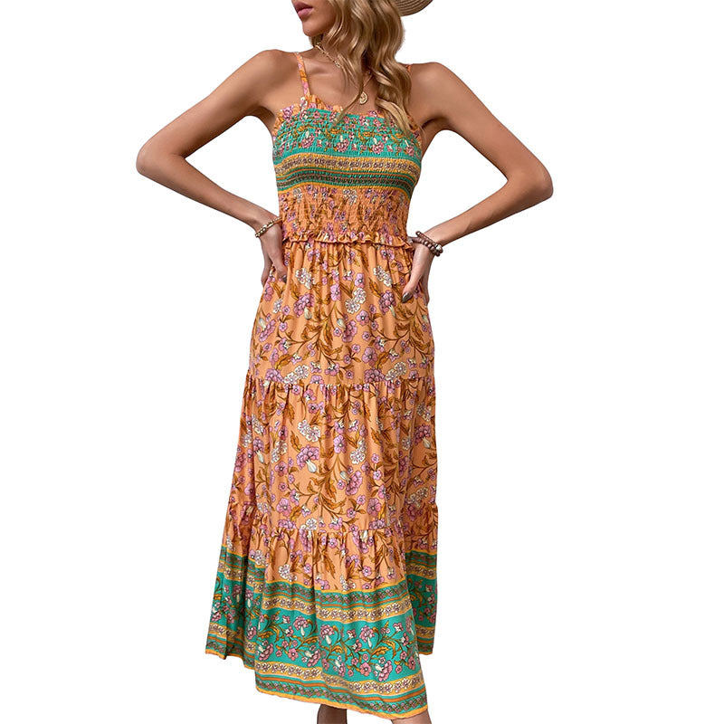 Floral Print Midi Dress with Smocked Bodice and Ruffle Trim