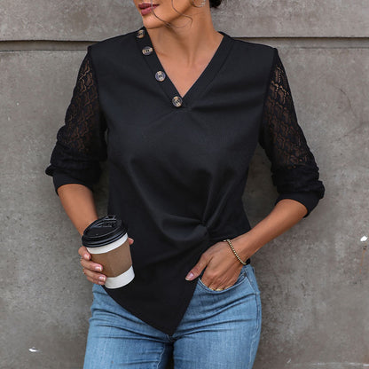 Knit Top with Lace Sleeves, V-Neck, and Twist Hem