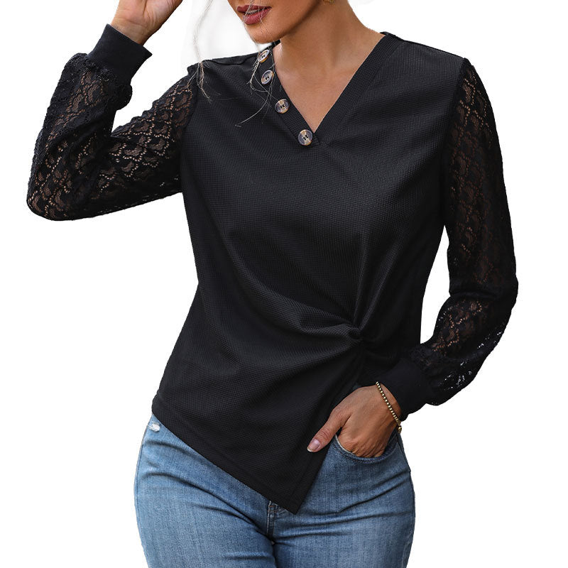 Knit Top with Lace Sleeves, V-Neck, and Twist Hem