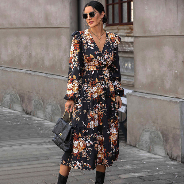 Floral Print Midi Dress with V-Neck and Ruffles