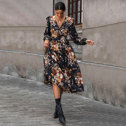 Floral Print Midi Dress with V-Neck and Ruffles